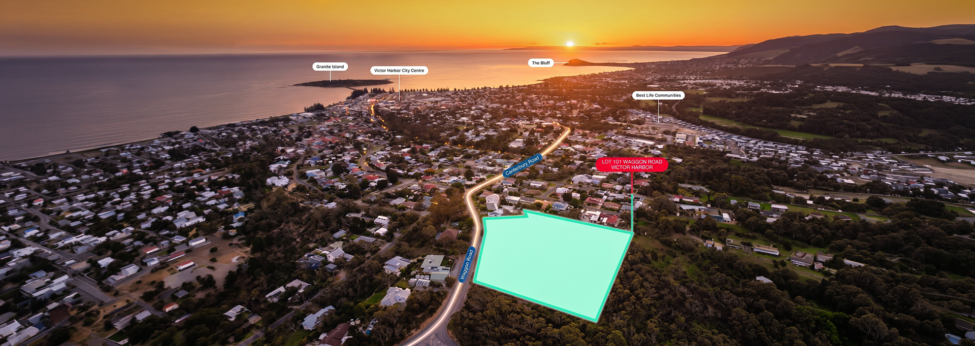 Aerial sunset view of Victor Harbor with Canterbury Caravan Club at Lot 101 Waggon Road highlighted.
